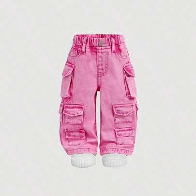 Baby Girls Y2K Loose Fit Pink Denim Cargo Pants,Girls New Yaer Outfit ,Multiple Cargo Pockets, Street Cool Jeans | SHEIN