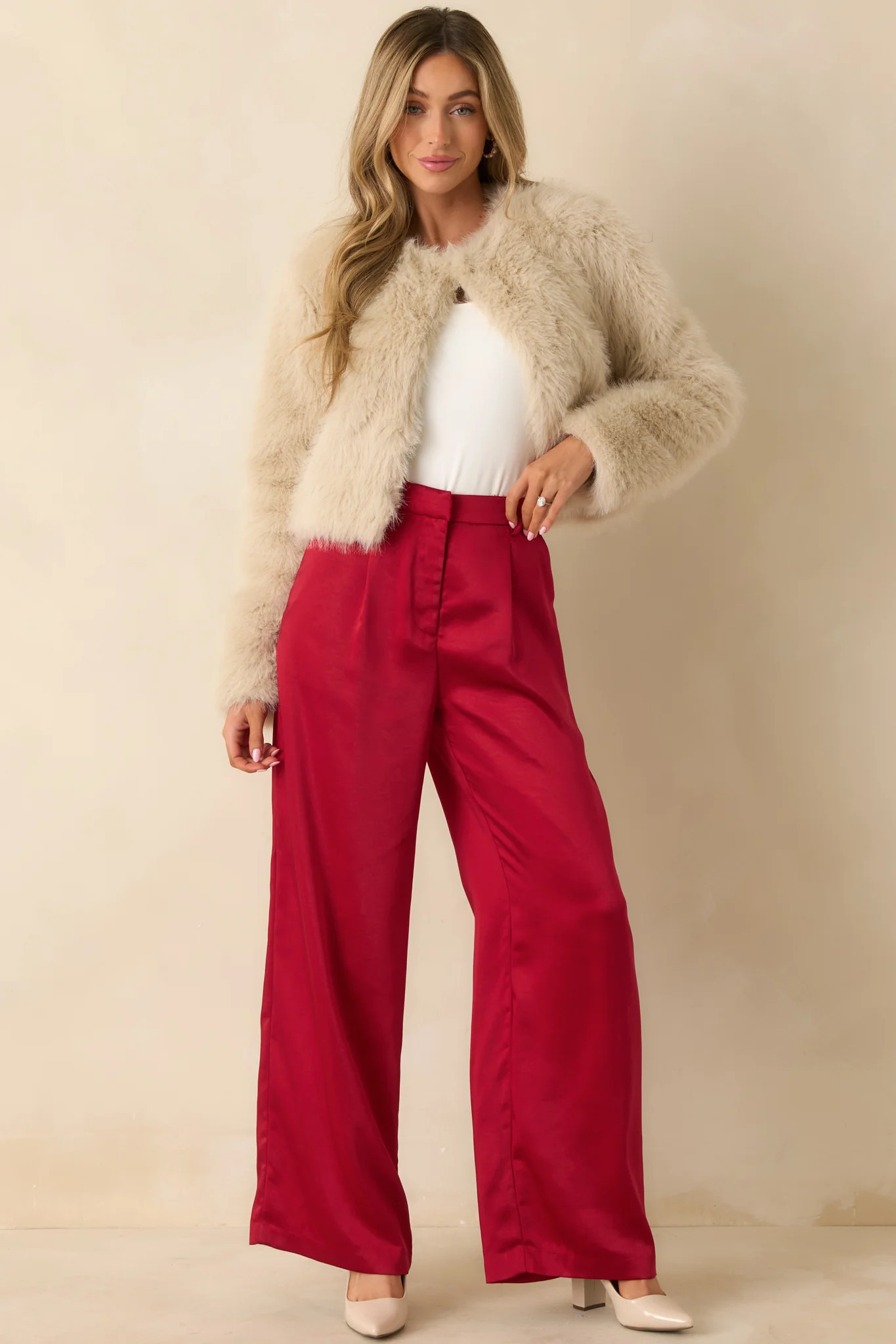 The Luxe Life Cream Faux Fur Cropped Jacket | Red Dress