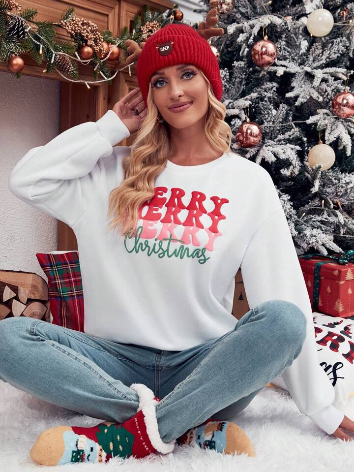 SHEIN LUNE Christmas Print Drop Shoulder Sweatshirt | SHEIN