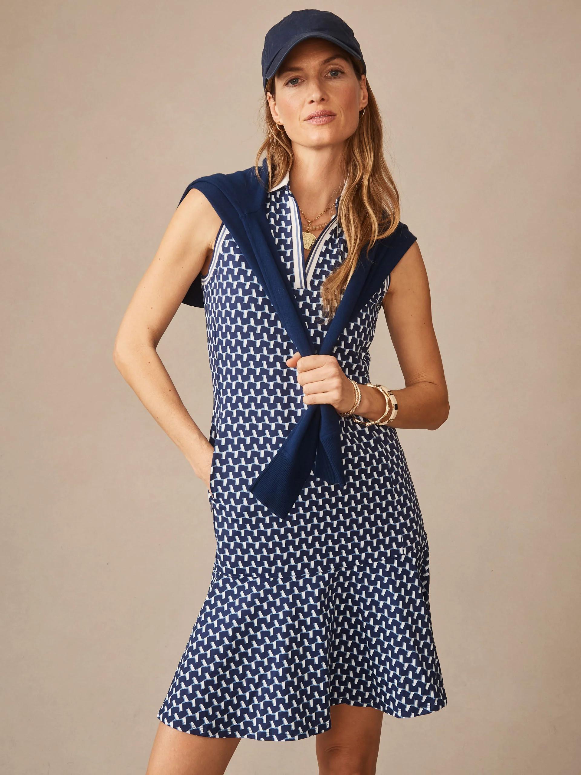 J.McLaughlin Women's Merlin Dress in Duncan Navy/Blue/Light Blue, Size Medium | Nylon/Spandex/Catalina Cloth | J.McLaughlin