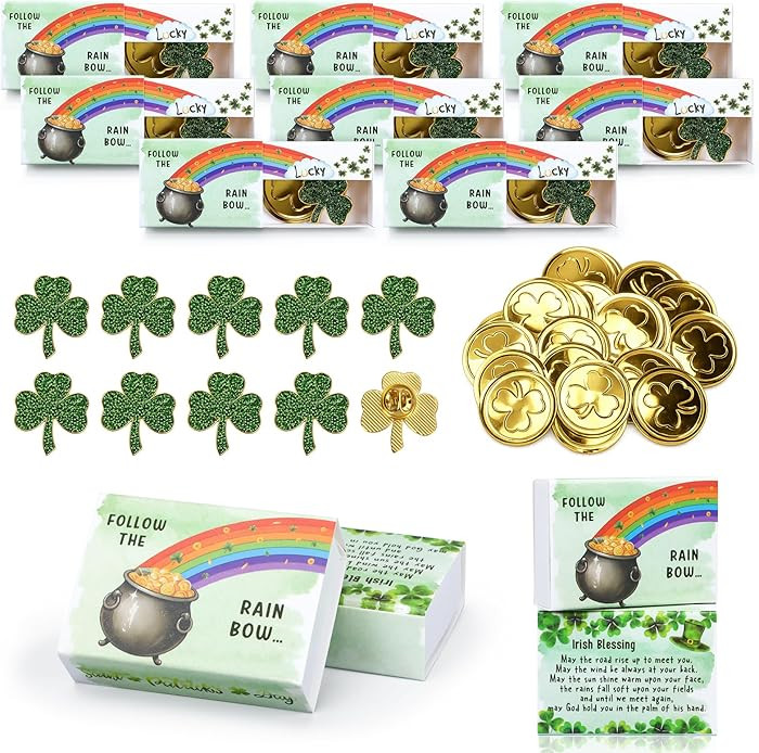 St. Patrick’s Day Pins Party Favor Gift Set 24 Pack, Shamrock Pins & Gold Coins with Rainbow Su... | Amazon (US)