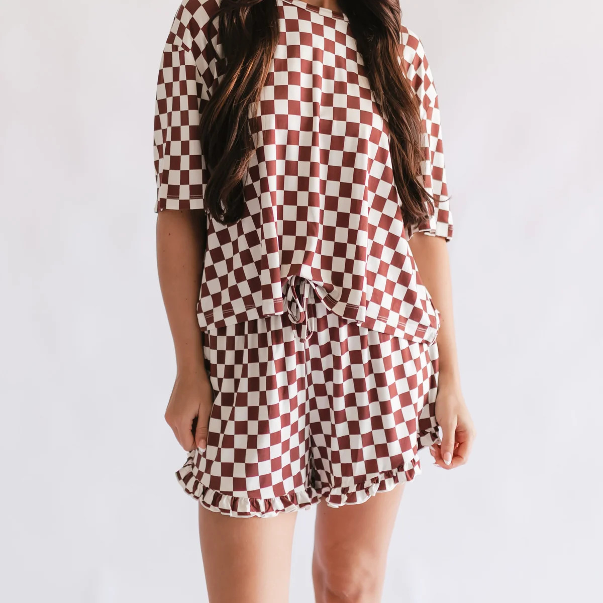 Women's Ruffle Short Set in Cream + Brown Checkered | Silks Design