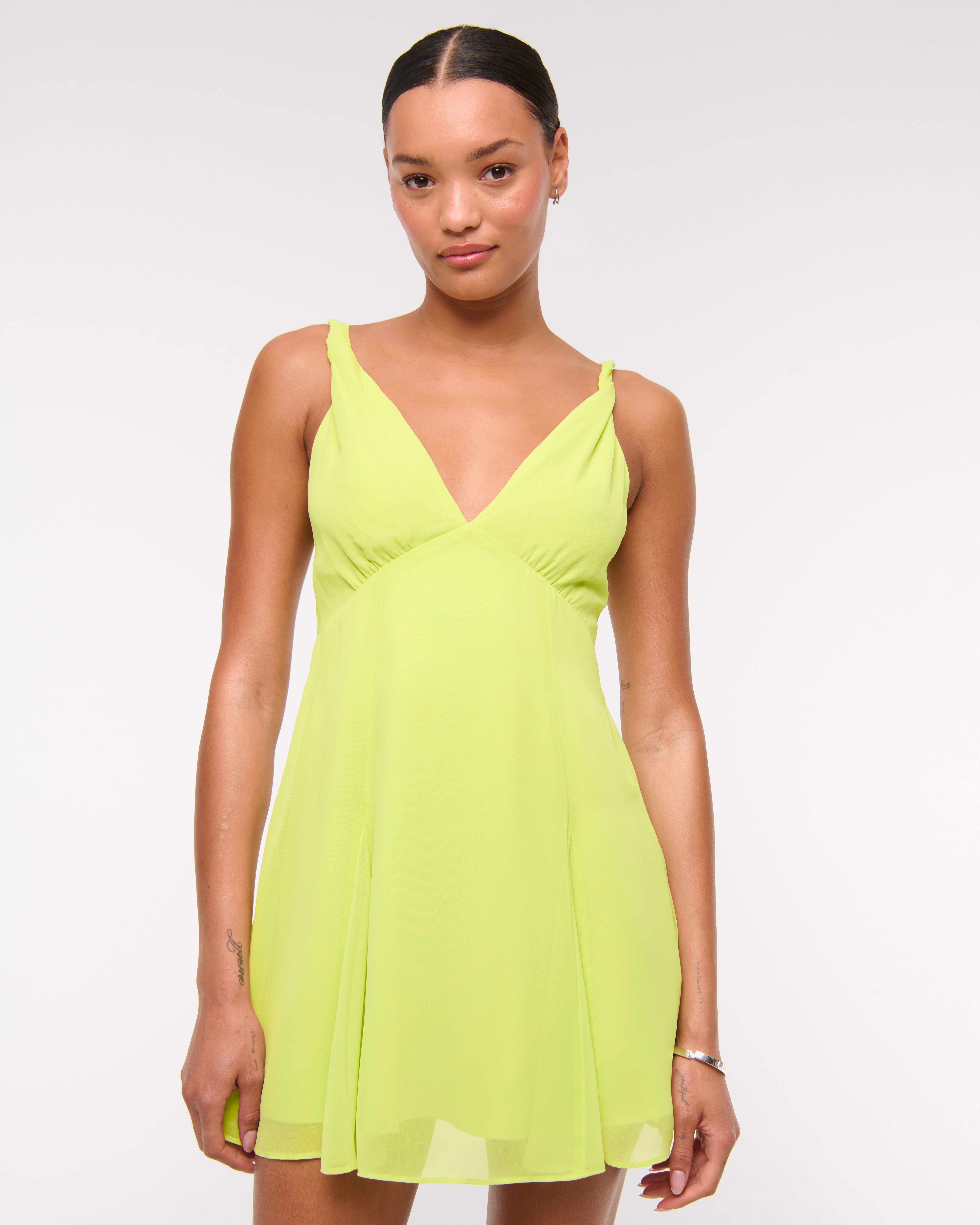 V-Neck Twist Godet Mini Dress | Abercrombie & Fitch (US)