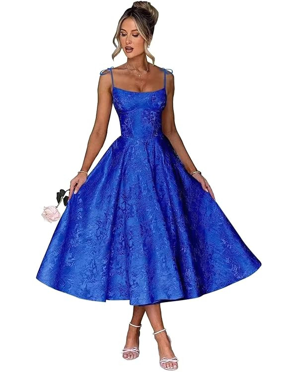 Floral Jacquard Satin Prom Dresses for Teens 2026 Spaghetti Straps Bow A Line Formal Wedding Part... | Amazon (US)
