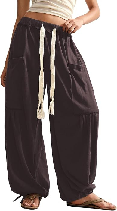 RoseSeek Women's Baggy Boho Harem Pants Wide Leg Sweatpants with Pockets     Drawstring Waist, Ca... | Amazon (US)