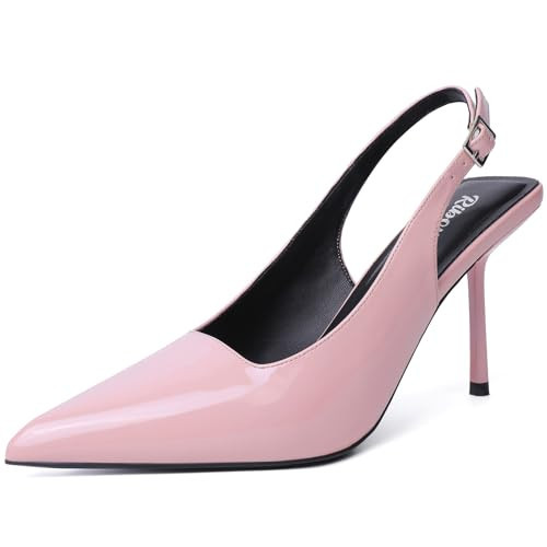 RIBONGZ Pink Elegant Dressy Heels for Women Closed Toe Pointy High Heels Sexy Slingback Pumps Wedding Bride Kitten Heels Prom Party Evening Shoes 7.5 | Amazon (US)