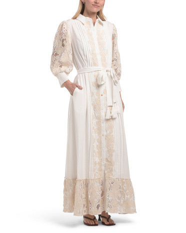 Long Sleeve Lace Trim Maxi Dress With Soutache Rope Detail For Women, Cotton/Polyester/Rayon | TJ Maxx