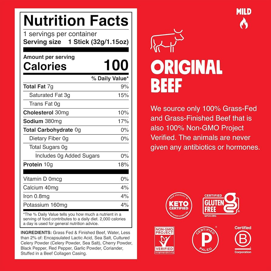 Chomps Grass-Fed and Finished Original Beef Jerky Snack Sticks 10-Pack - Keto, Paleo, Whole30, 10... | Amazon (US)