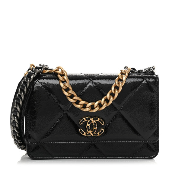 CHANEL Shiny Crumpled Calfskin Quilted Chanel 19 Wallet On Chain WOC Black | FASHIONPHILE (US)