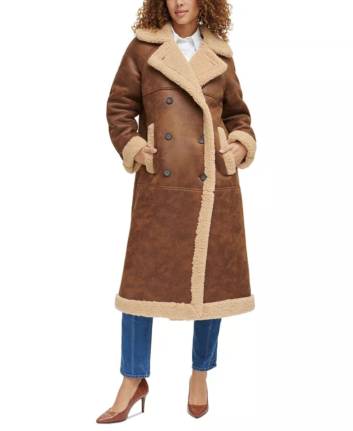 Women's Long Faux-Shearling-Trimmed Button-Down Coat | Macy's