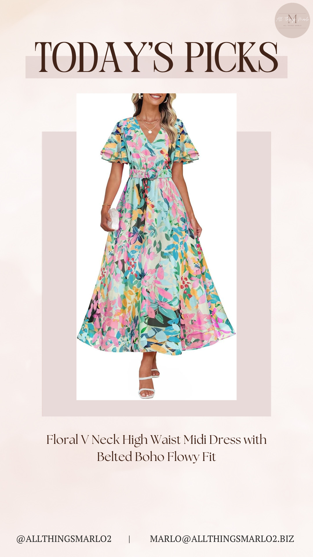Floral V Neck High Waist Midi Dress with Belted Boho Flowy Fit 

 #LTKSeasonal #LTKWorkwear #LTKTravel