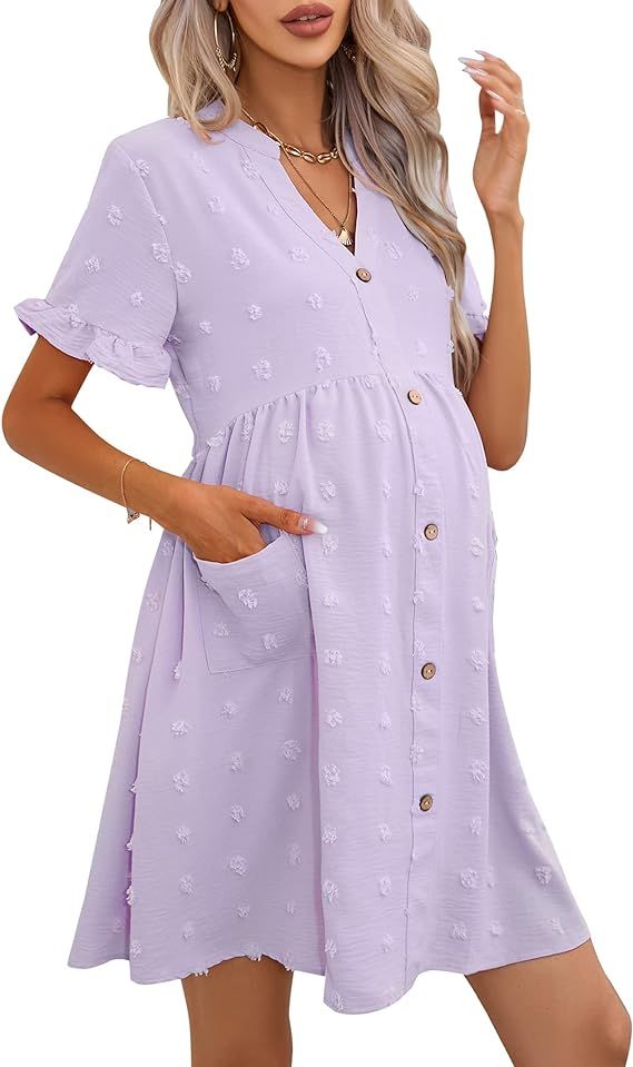 KOJOOIN Maternity Swiss Dot Dress Summer V Neck Short Sleeve Button Down Mini Dress Baby Shower P... | Amazon (US)