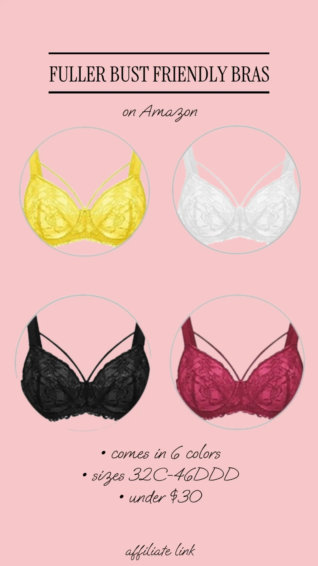 Affordable fuller bust friendly bras from Amazon that are under $30! Comes in 6 colors and goes from 32C to 46DDD 

bras, full bust bra, lace bra, bra, supportive bra 

#LTKStyleTip #LTKMidsize #LTKFindsUnder50