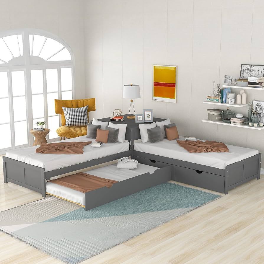 Amazon.com: L-Shaped Twin Platform Bed Frame with Trundle and 2 Storage Drawers, Corner Wood Twin... | Amazon (US)