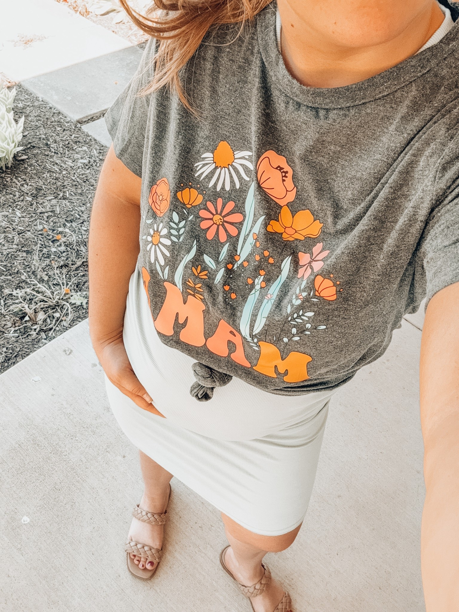 Cute maternity outfit for moms to be - floral mama graphic tee - maternity summer dress - braided sandals - platform sandals for summer - cute bump style 

#LTKFindsUnder50 #LTKBaby #LTKBump