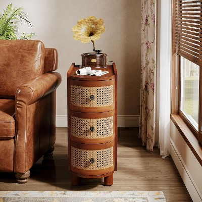 Lantine Solid Wood Nightstand with 3 Rattan Drawers, Farmhouse Sofa Side Table with Vintage Embossed Handles for Living Room, Bedroom, No Assembly | Target