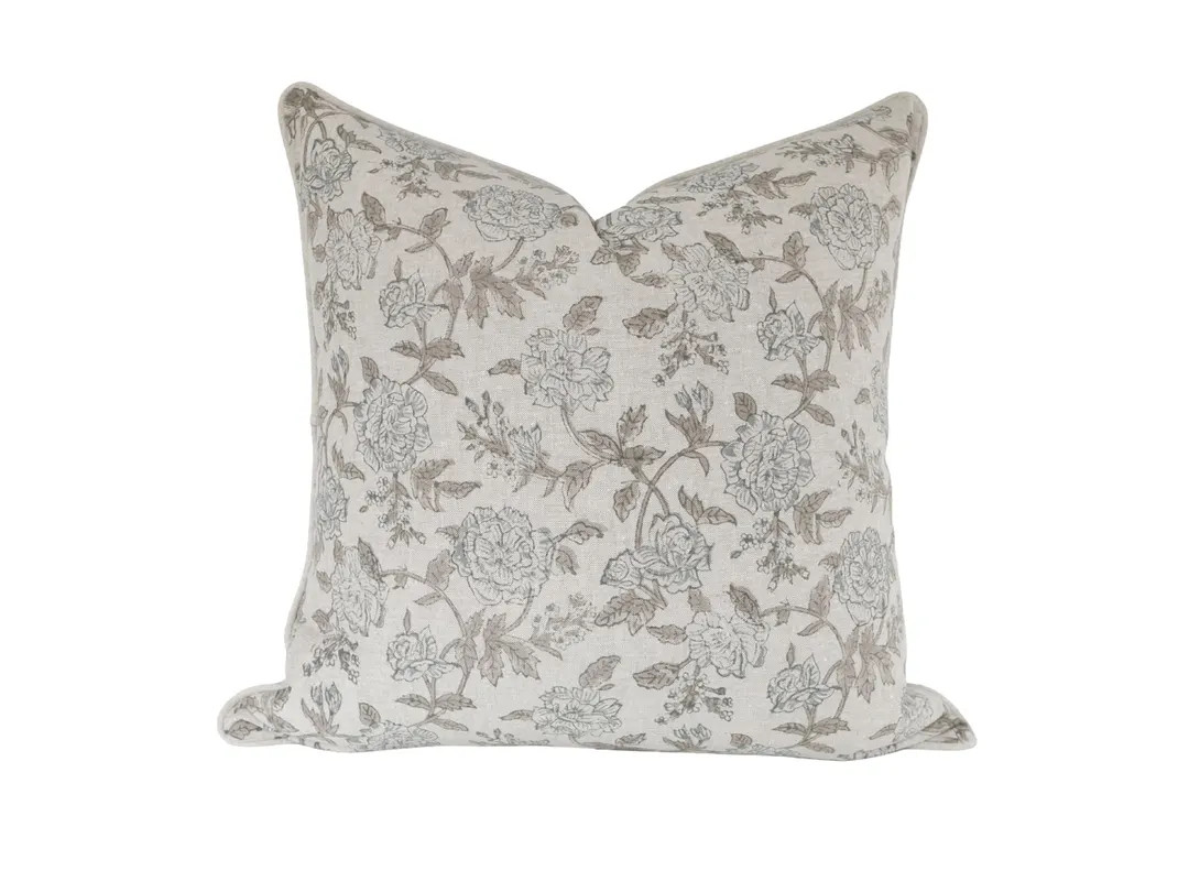 Dusty Blue Floral Pillow Cover, Neutral Linen Cushion, Botanical Throw Pillow, Vintage Floral Sof... | Etsy (US)