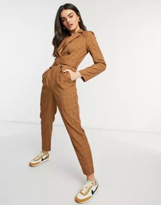 ASOS DESIGN belted double breasted tux jumpsuit in brown | ASOS (Global)