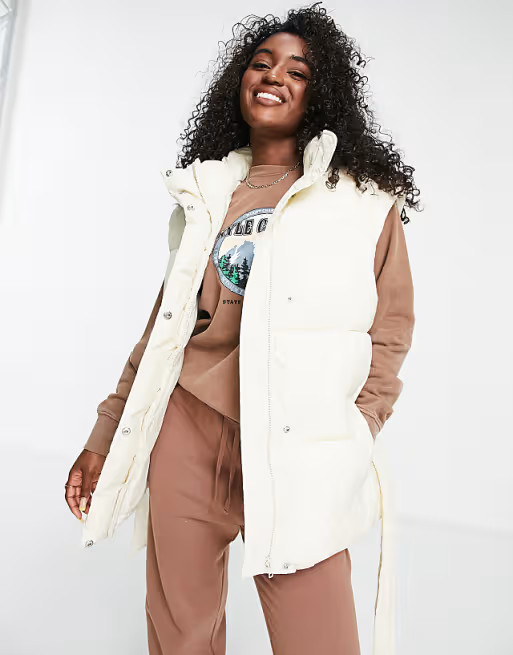 ASOS DESIGN belted padded vest in cream | ASOS (Global)