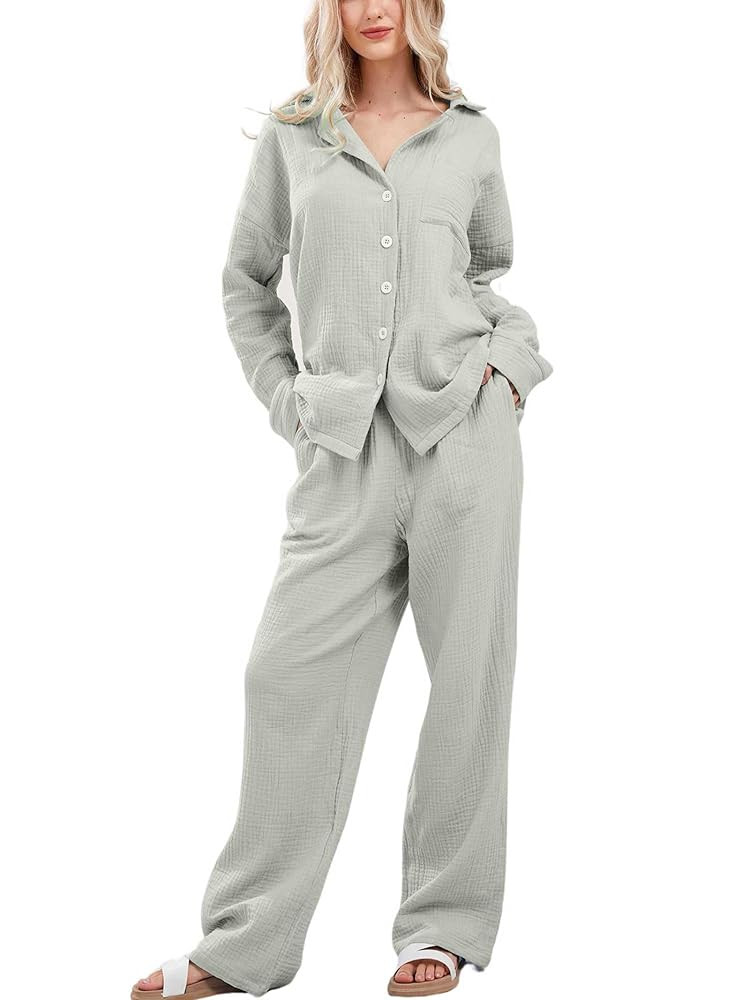 Womens Pajama Sets Cotton Pj Set Cute Heart Print Long Sleeve Button Down Shirt With Long Pants | Amazon (US)