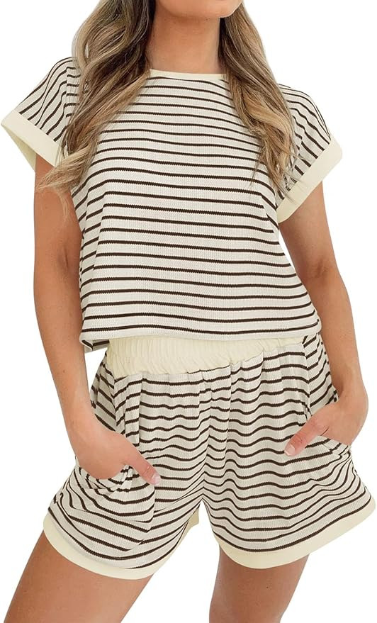 Tankaneo Womens Summer 2 Piece Sets Striped Short Sleeve T Shirts and Shorts Loungewear Matching ... | Amazon (US)