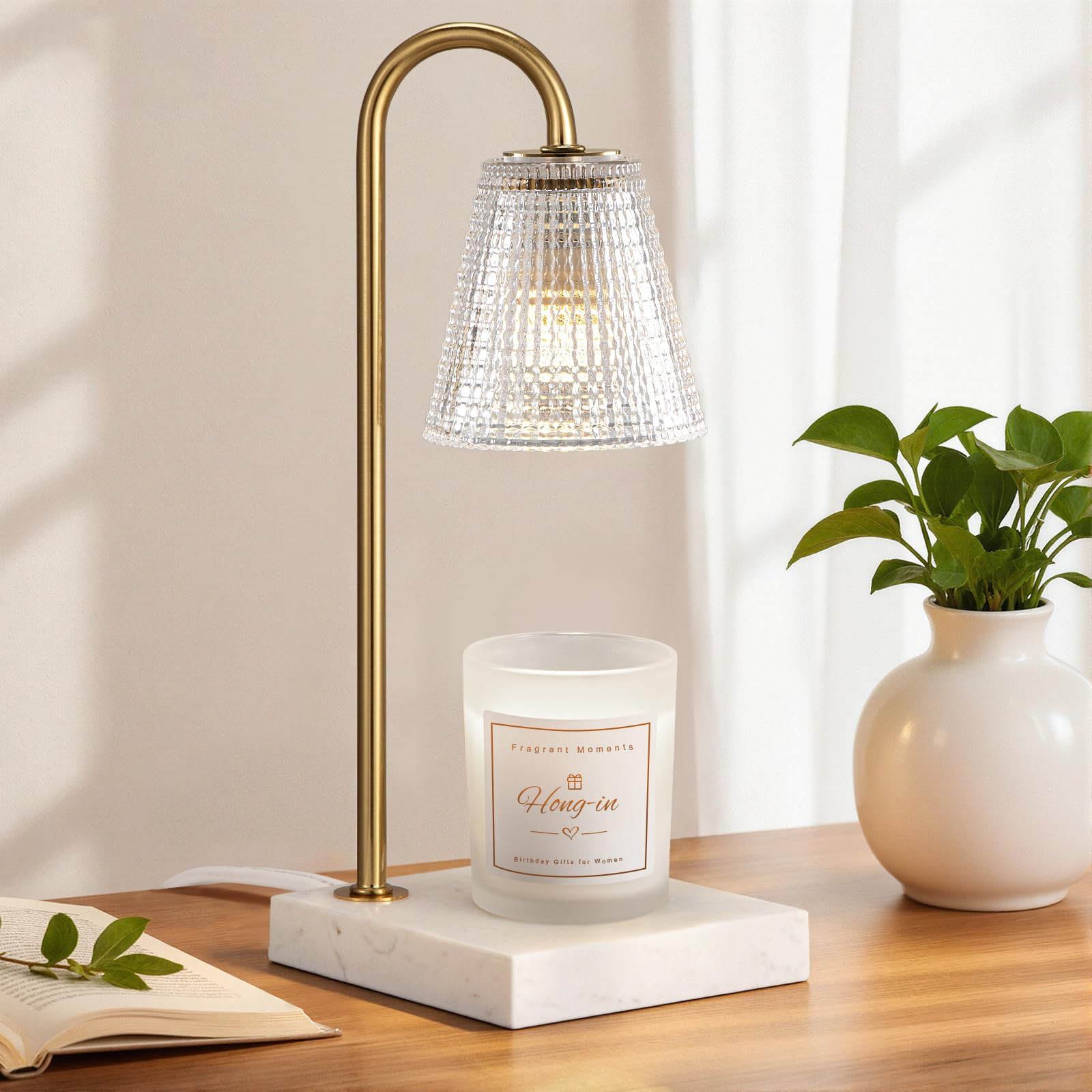 Hong-in Modern Gold and Marble Candle Warmer Lamp with Textured Glass Shade, Elegant Candle Lamp ... | Amazon (US)