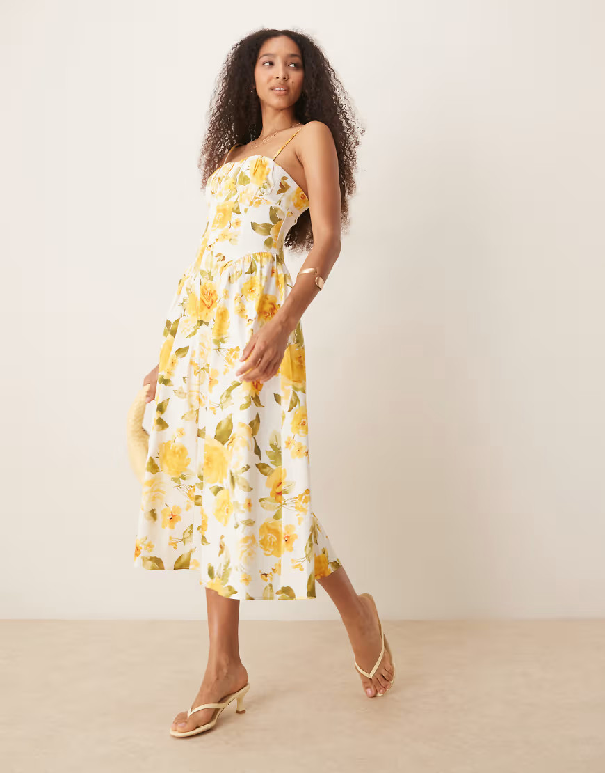 Mango ruched detailed floral print midaxi dress with structured bodice in yellow | ASOS (Global)