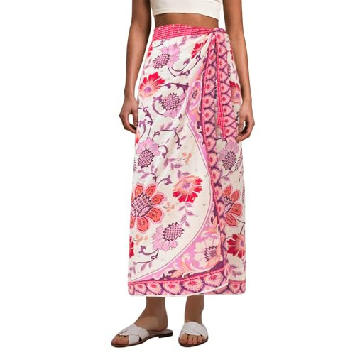 Talakeno Womens Floral Wrap Midi Skirt Summer Adjustable Tie Side Casual High Waist A Line Beach Boho Long Flared Skirts(Pink,L) | Amazon (US)