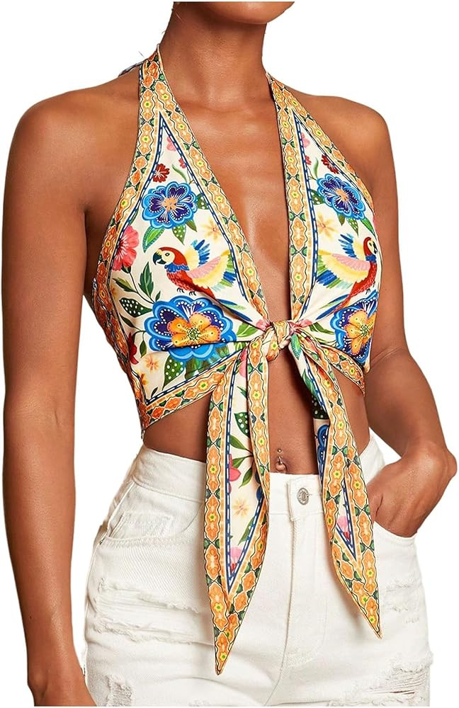 Floerns Women's Summer Floral Halter Tops Tie Front Backless Beach Vacation Crop Tops | Amazon (US)