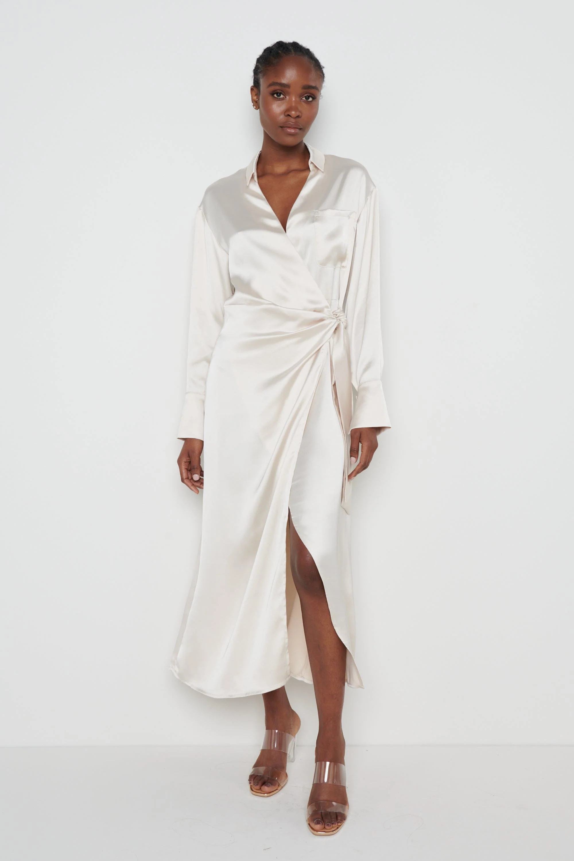 Ronnie Satin Wrap Dress - Oyster | Pretty Lavish (UK)