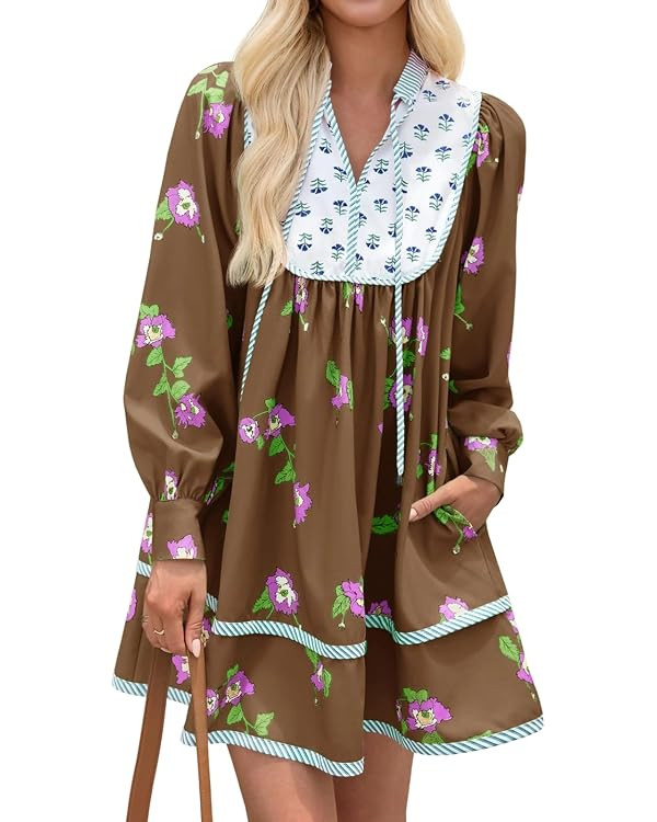 Wenrine Womens Casual Floral Mini Dress Fall Long Sleeve V Neck Patchwork Loose Boho Shirt Dresse... | Amazon (US)