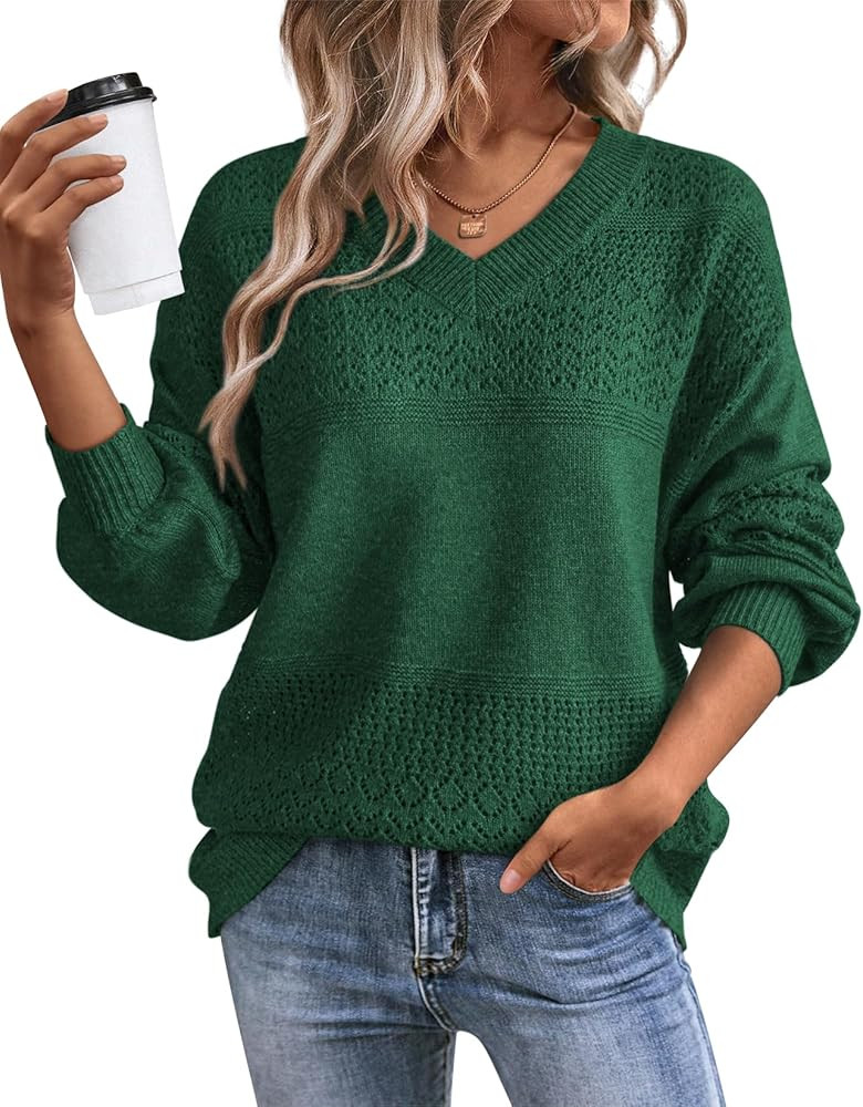 ATHMILE Sweaters for Women Fall Outfits Oversized Long Sleeve V Neck Crochet Sweaters Lightweight... | Amazon (US)
