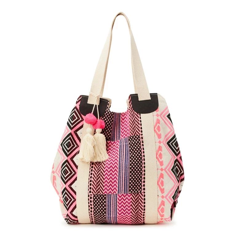 No Boundaries Women's Woven Beach Tote Handbag, Pink | Walmart (US)