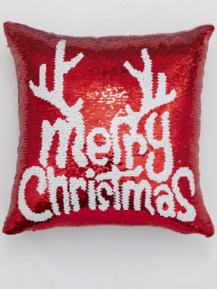 Sequin Christmas Antler & Slogan Graphic Cushion Cover Without Filler | SHEIN