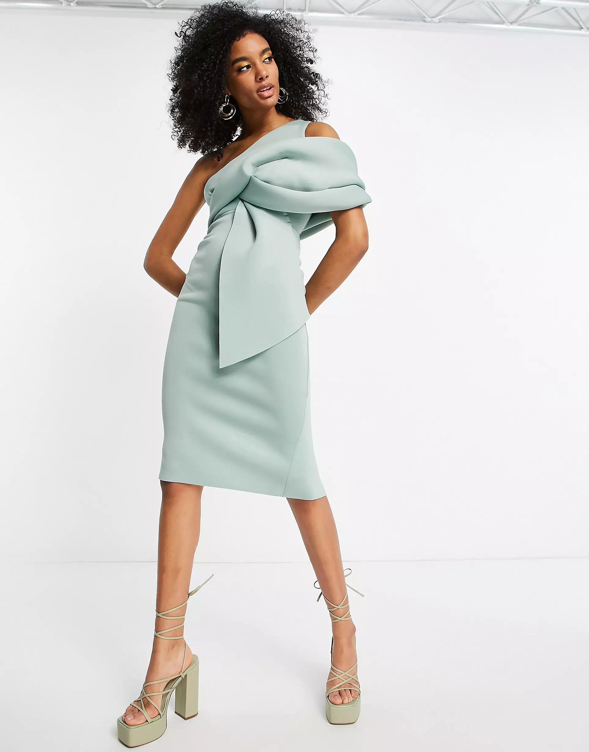 ASOS DESIGN peekaboo shoulder tuck midi pencil dress in frosted sage | ASOS (Global)