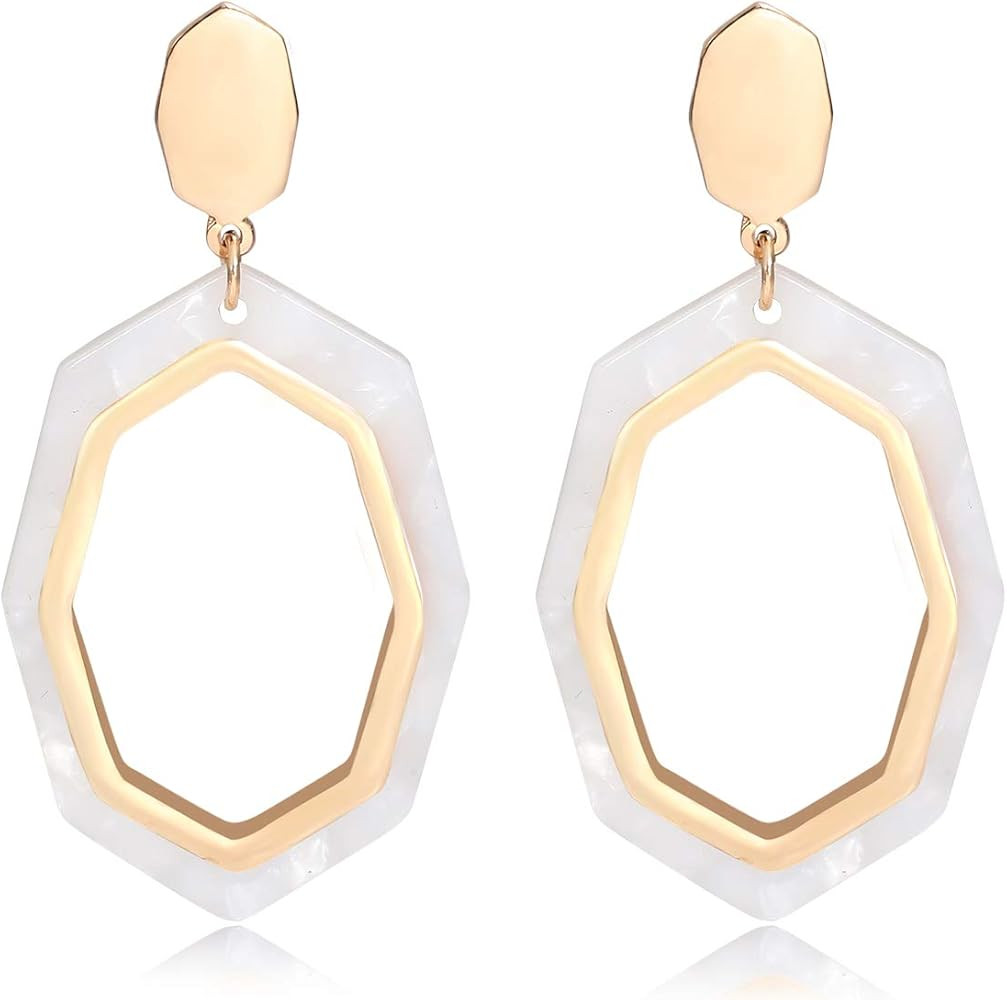 Isaloe Acrylic Earrings Bohemian Women's Metallic Octagon Resin Hoop Drop Earrings Dangle | Amazon (US)