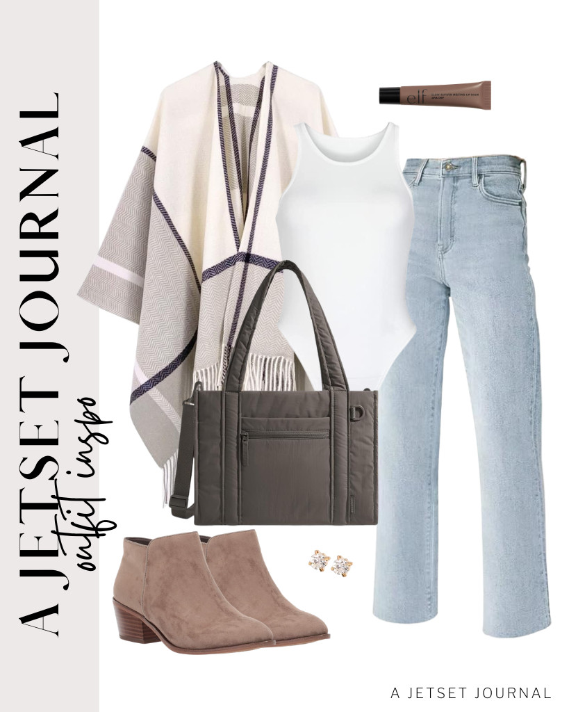 For the peach tan color of this open-front poncho, paired with a REORIA sleeveless bodysuit and cropped jeans, wearing a pair of Amazon Essentials low-heel ankle boots is perfect! Use this BAGSMART boxy tote bag and wear these BBTO stud earrings, and you’re ready to go. 

 #LTKSeasonal #LTKSaleAlert #LTKTravel
