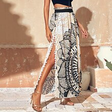 Tribal Print Fringe Trim Split Thigh Paperbag Skirt | SHEIN