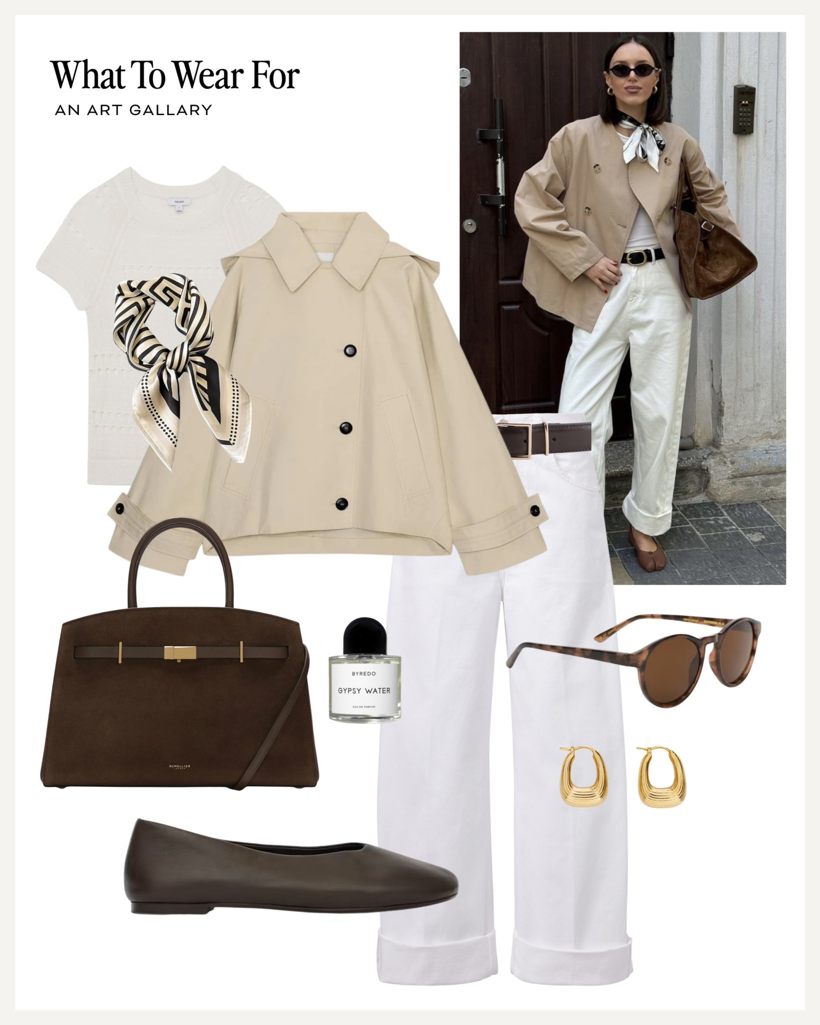 White jeans styled for spring 🤍

Short trench, brown flats, suede bag, effortless style 