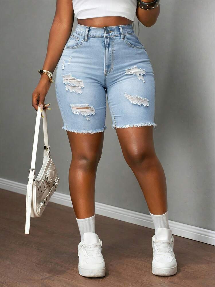 Women's Fashionable Ripped Denim Shorts, Stretchy, Sexy, Tight And Figure-Flattering, With Slit Pockets And Fur Edges | SHEIN