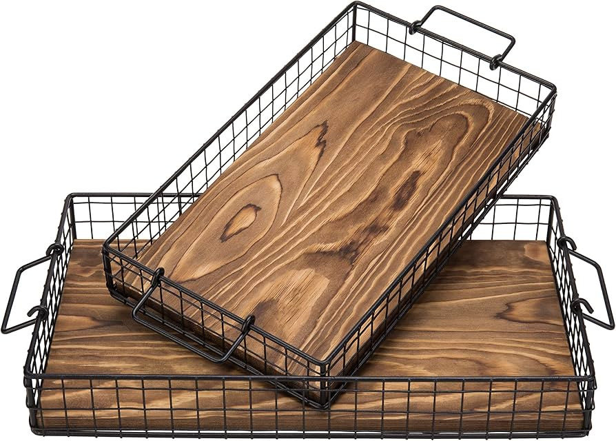 MyGift Black Metal Large Serving Tray, Wire Basket Style Nesting Ottoman Trays with Burnt Wood Ba... | Amazon (US)