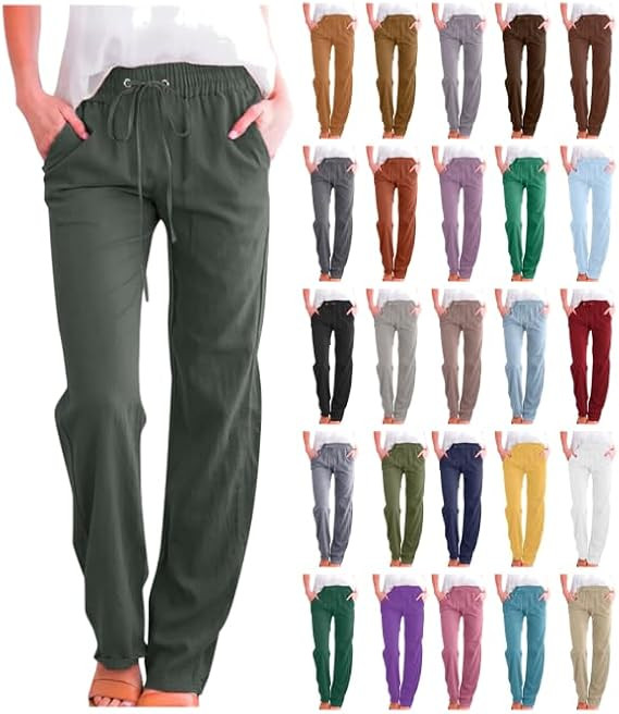 Womens Casual Cotton Linen Pants Lightweight Summer Relax Fit Elastic Waist Plus Size Solid Loung... | Amazon (US)