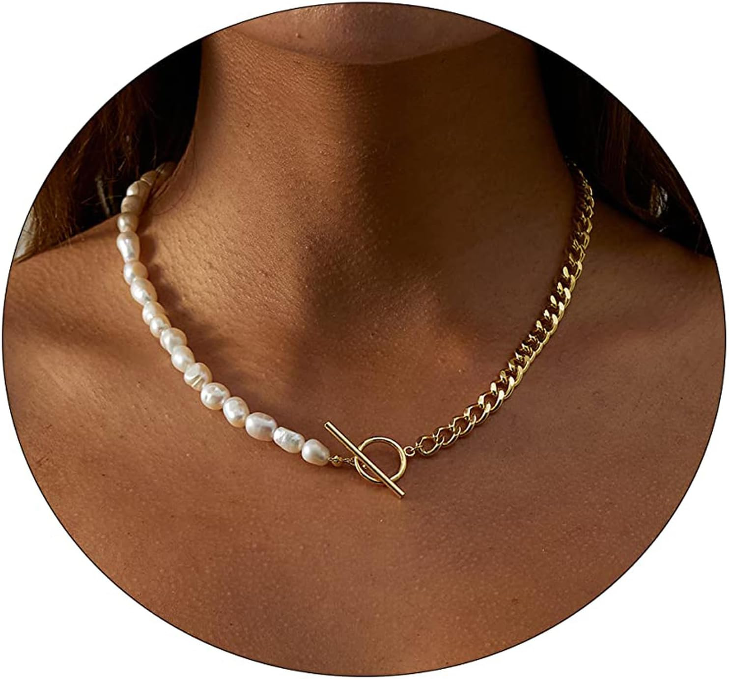 CIUFEWEK 14k Gold-Plated Women's Creative Personality Necklace/Tamsui Natural Irregular Pearl Paper Clip Necklace/Ot Buckle Style Retro Collarbone Chain | Amazon (US)