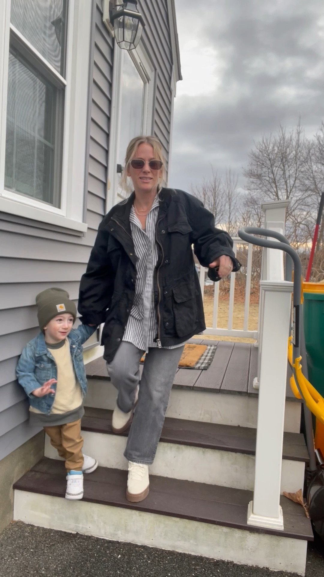 Black free people utility jacket- wearing S 
Oversized striped collared shirt 
Puma cream suede sneakers 
90s octagonal style sunglasses 
Tennis necklace 


#LTKShoeCrush #LTKPetite #LTKSaleAlert