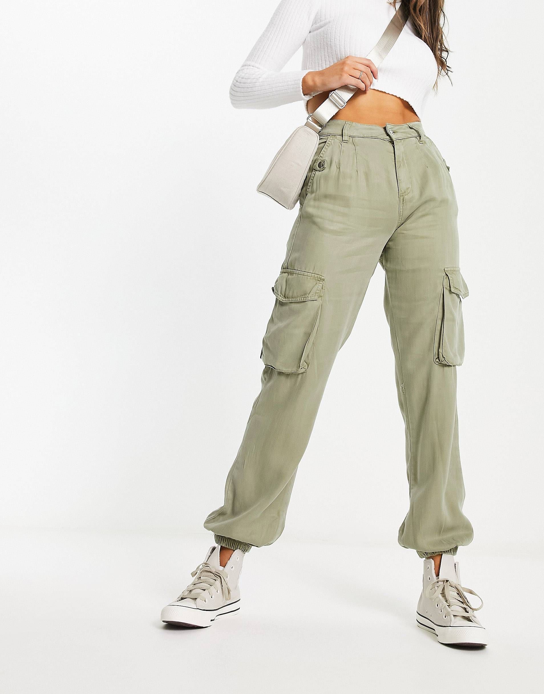 Miss Selfridge cargo pant with elastic hem in khaki | ASOS (Global)