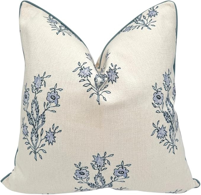 “The Mary” Blue and White Decorative Throw Pillow Cover – Floral Block Print Pillow Cover ... | Amazon (US)