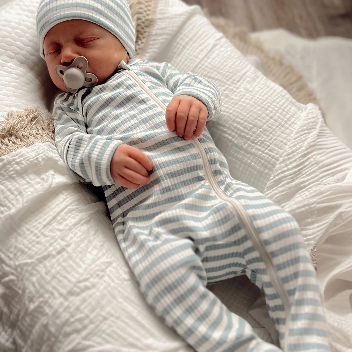 Dusty Blue Stripe / Organic Ribbed Zip Footie | SpearmintLOVE