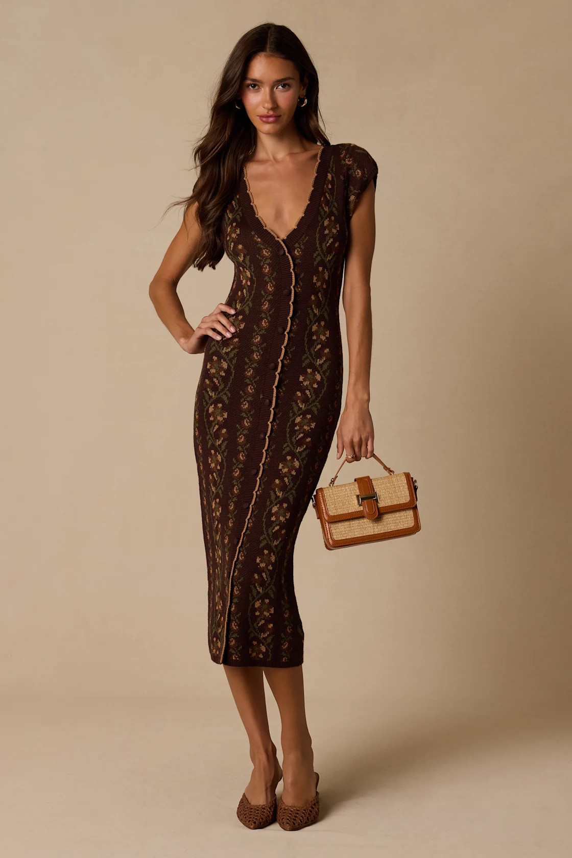 Savanna Brown Floral Button-Front Sweater Midi Dress | Lulus