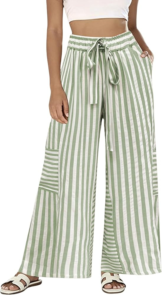 Bankeng Womens Summer Casual Striped Pants Loose Wide Leg Lounge Pants Elastic Waist Palazzo Trou... | Amazon (US)