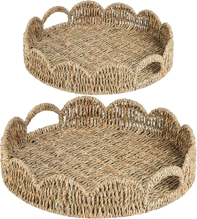 Scalloped Serving Tray, 2-Pack Scalloped Woven Round Table Decor Tray, Wicker Rattan Basket Tray ... | Amazon (US)